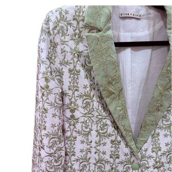 Alice + Olivia Macey Embroidered Cotton Linen Blazer Republic Geo Green Size 2 - Picture 8 of 16